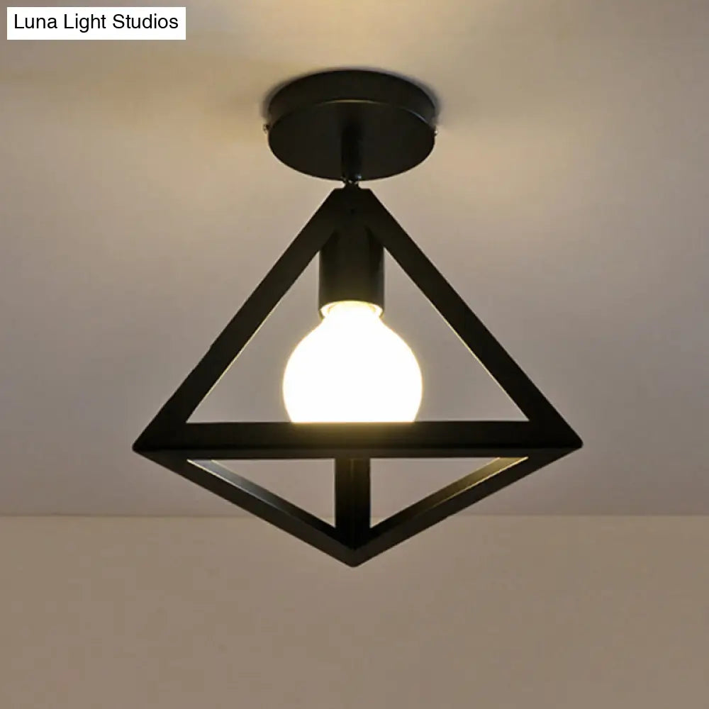 Iron Caged Flush Mount Ceiling Lamp - Industrial Style With 1 - Bulb Black / Triangle