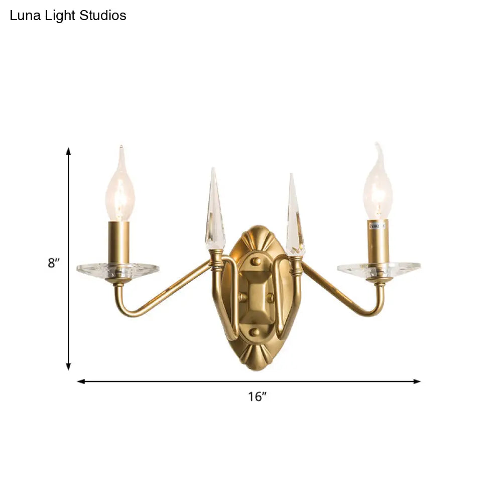 Iron Candle Wall Light Sconce With Crystal Decoration - Modern 2 Head Gold Finish