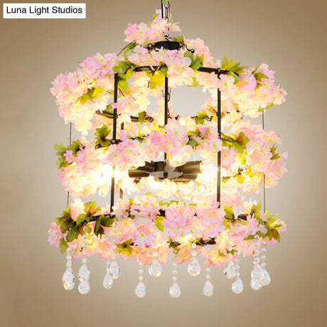 Iron Chandelier With Antique Black Finish Cylindrical Cage Design Crystal Drops And 6 Bulbs -