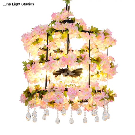 Iron Chandelier With Antique Black Finish Cylindrical Cage Design Crystal Drops And 6 Bulbs -