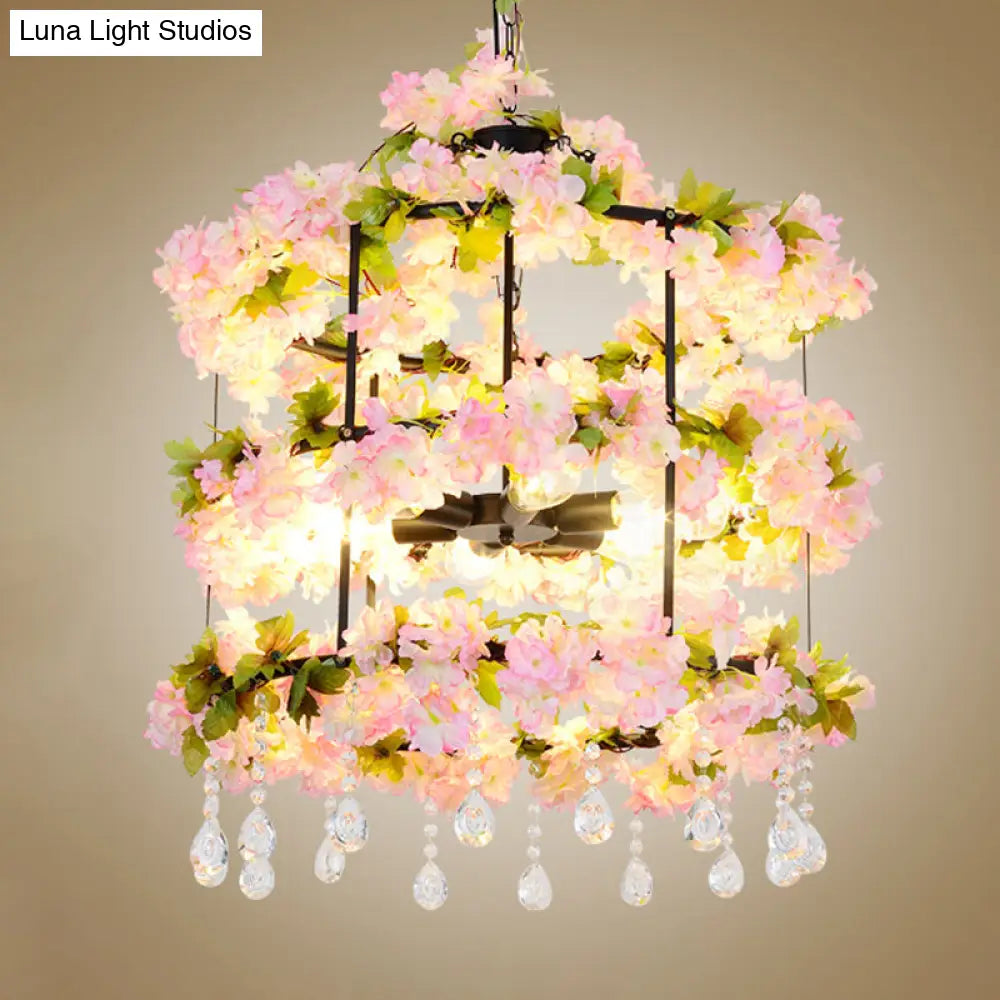 Antique Black Iron Chandelier With 6 Bulbs & Crystal Drops 27.5/39 H