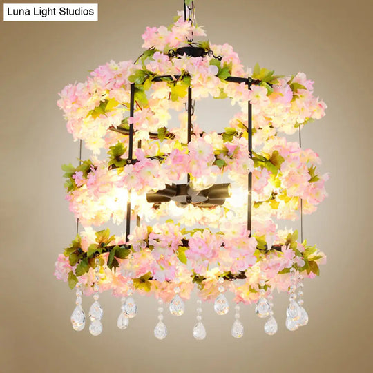 Antique Black Iron Chandelier With 6 Bulbs & Crystal Drops 27.5/39 H