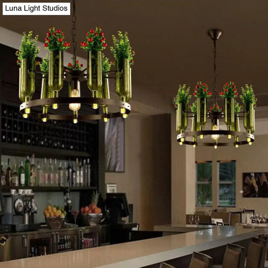 Country Style Iron Chandelier Pendant With Glass Pot And Plant - Black Suspension Lamp
