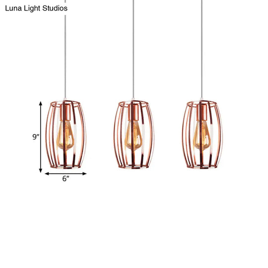 Iron Copper Hanging Lamp With Oval Cage Shade - Industrial Style Ceiling Fixture 3 Bulbs For Bedroom