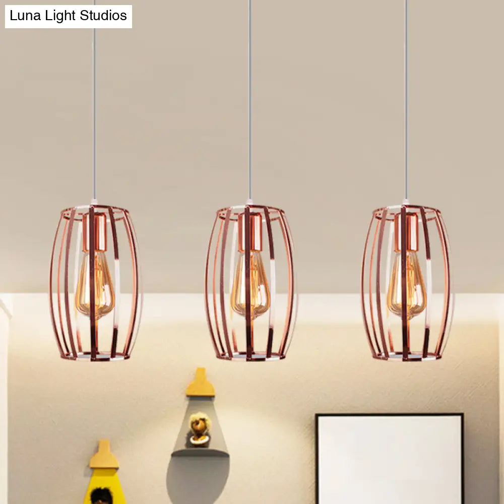 Iron Copper Hanging Lamp With Oval Cage Shade - Industrial Ceiling Fixture 3 Bulbs Stylish Lighting