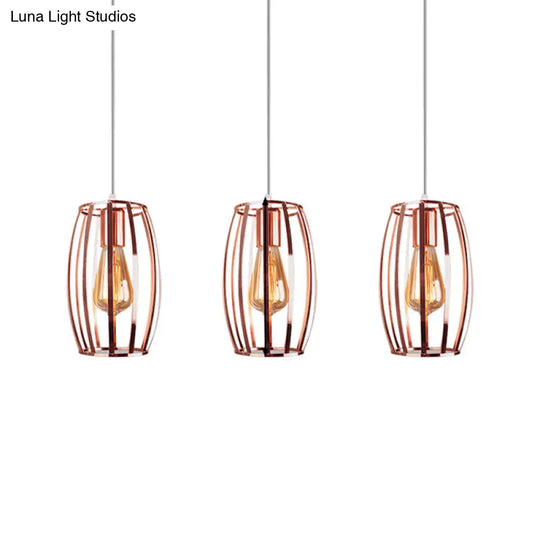 Iron Copper Hanging Lamp With Oval Cage Shade - Industrial Ceiling Fixture 3 Bulbs Stylish Lighting
