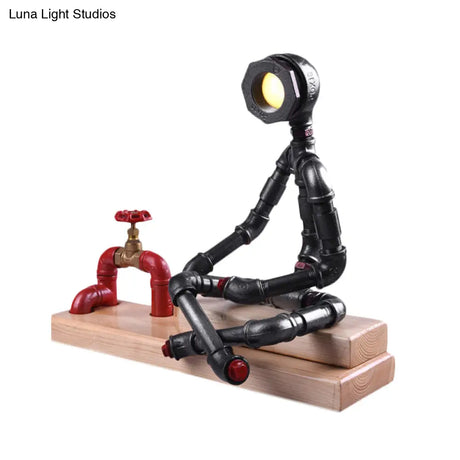 Iron Cross Legged Table Lamp With Industrial Led Valve Deco And Wood Base - Black Finish Perfect For