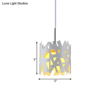 Iron Cylinder Cage Pendant Light - Modern 1 Bulb White Finish Ceiling Suspension Lamp