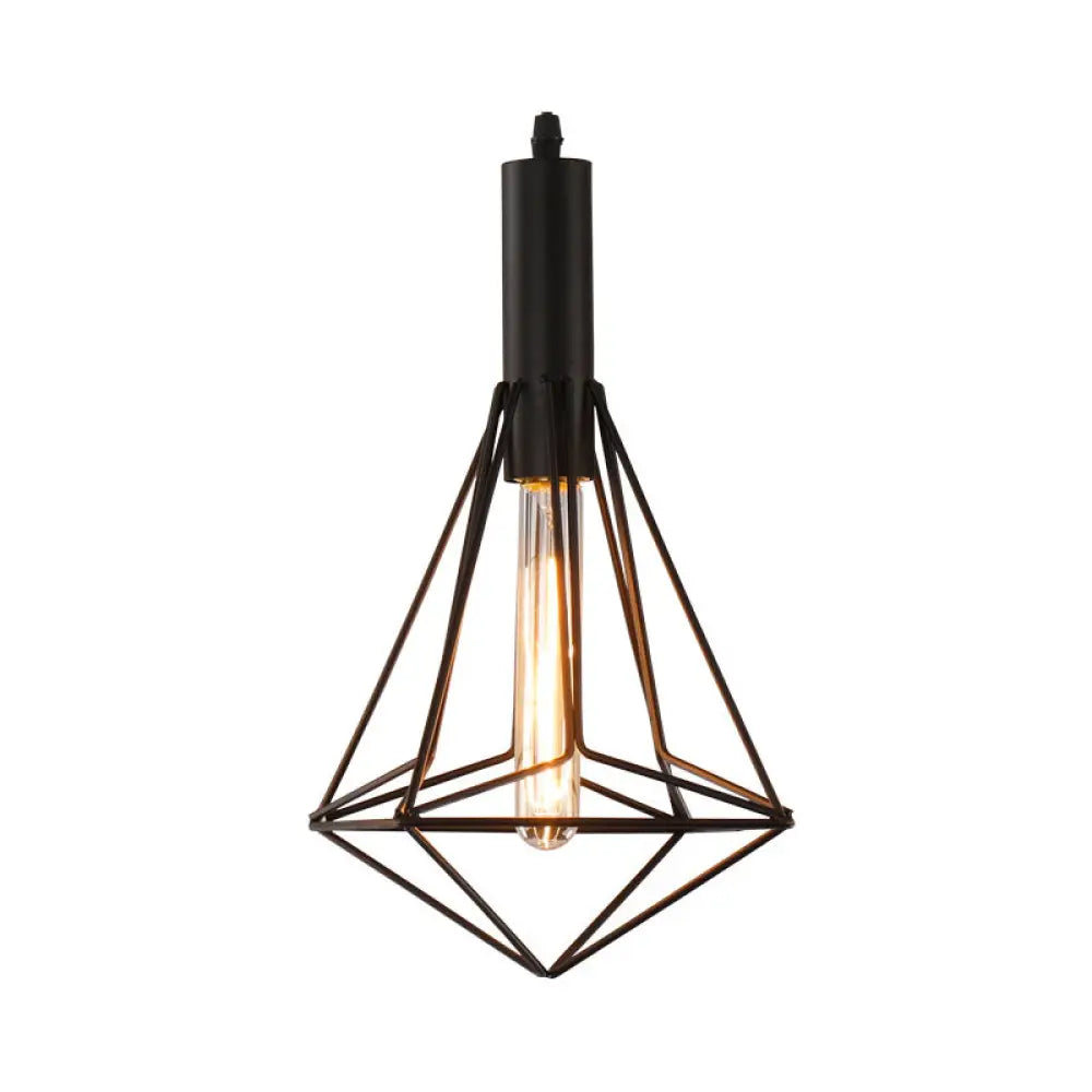 Iron Diamond-Shaped Pendant Light Antique 1-Light Dining Room Hanging Fixture Black / C