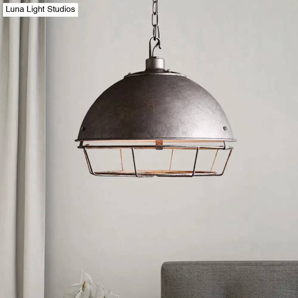 Farmhouse Pendant Lamp With Iron Dome Black/Rust/Silver Finish - 1 Bulb Hanging Light Cage For