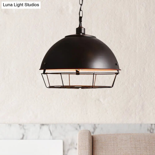 Farmhouse Pendant Lamp With Iron Dome Black/Rust/Silver Finish - 1 Bulb Hanging Light Cage For