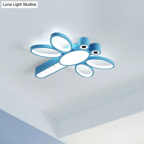 Iron Dragonfly Flush - Mount Cartoon Led Ceiling Light - Pink/Blue With Warm/White Lighting