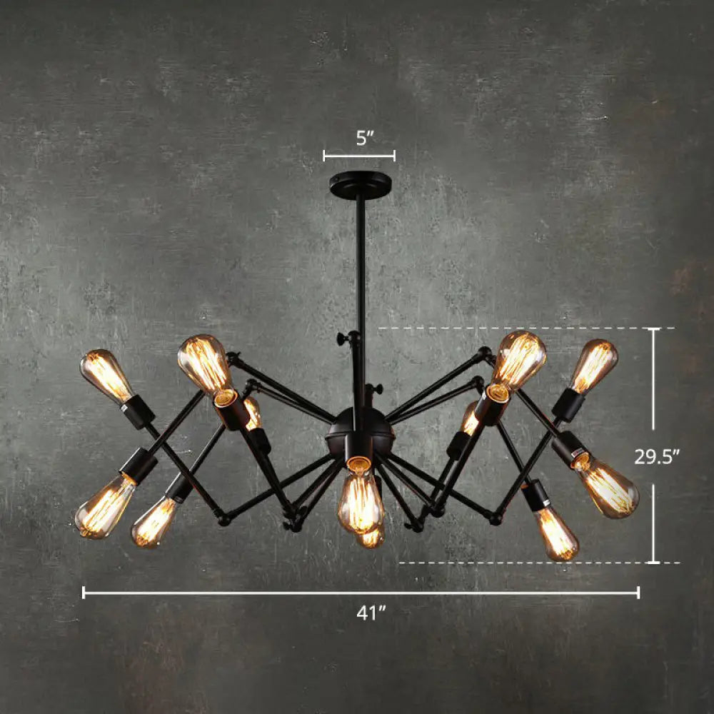 Iron Exposed Bulb Chandelier - Loft Style Restaurant Hanging Lamp With Swing Arm In Black 12 /