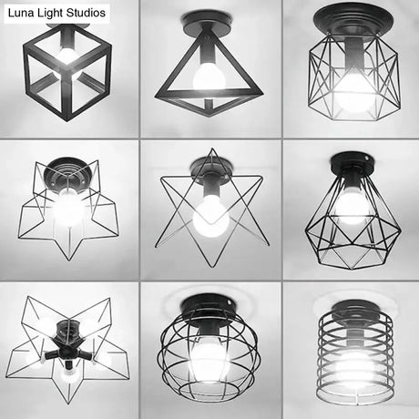 Iron Geometric Cage Flush Mount Lighting - Nordic Style 5-Head Fixture Black Ideal For Corridors