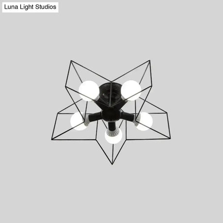 Iron Geometric Cage Flush Mount Lighting - Nordic Style 5-Head Fixture Black Ideal For Corridors