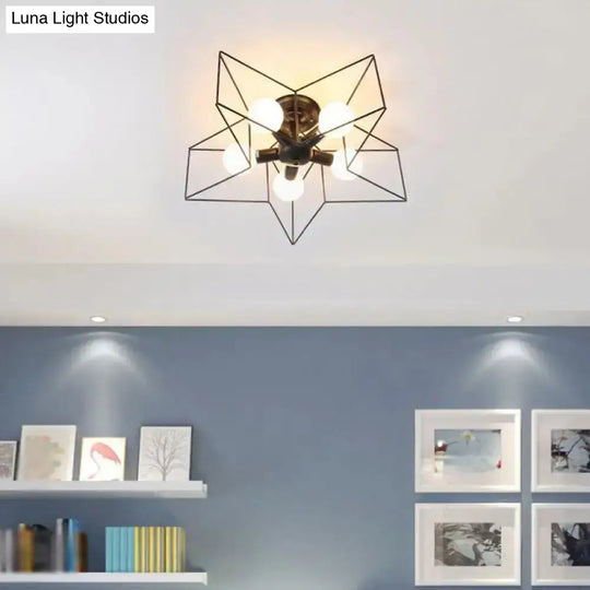 Iron Geometric Cage Flush Mount Lighting - Nordic Style 5-Head Fixture Black Ideal For Corridors / B