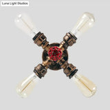 Iron Industrial-Style 4-Light Bronze Semi Flush Mount With Burst Pipe Foyer Ceiling Design