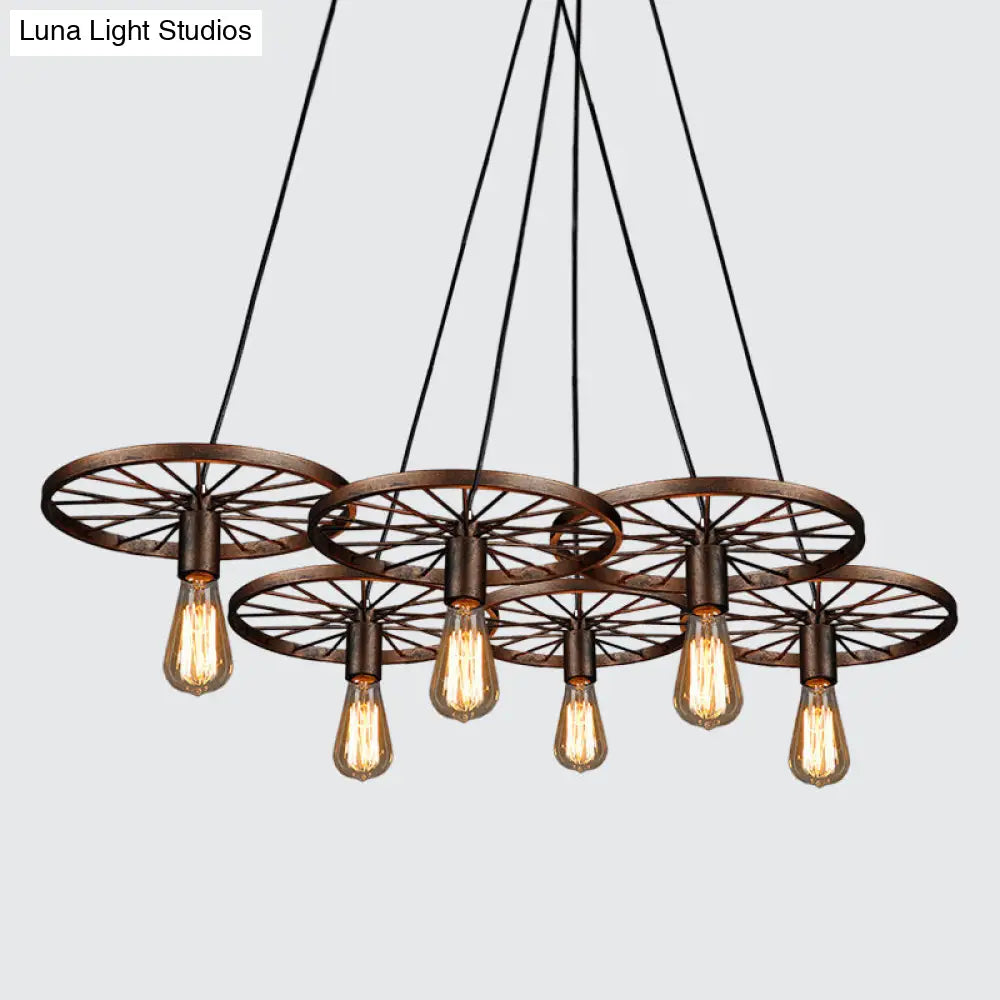 Industrial Rustic Wheel Chandelier - Wrought Iron 3/6-Head Suspension Pendant For Dining Room