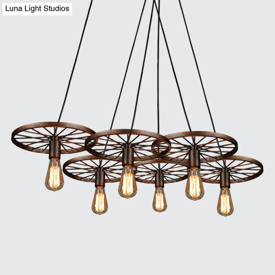 Industrial Rustic Wheel Chandelier - Wrought Iron 3/6-Head Suspension Pendant For Dining Room