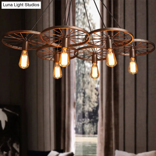 Industrial Rustic Wheel Chandelier - Wrought Iron 3/6-Head Suspension Pendant For Dining Room