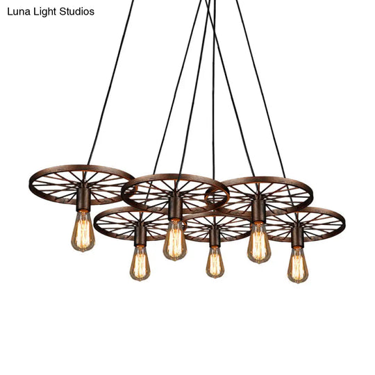 Industrial Rustic Wheel Chandelier - Wrought Iron 3/6-Head Suspension Pendant For Dining Room