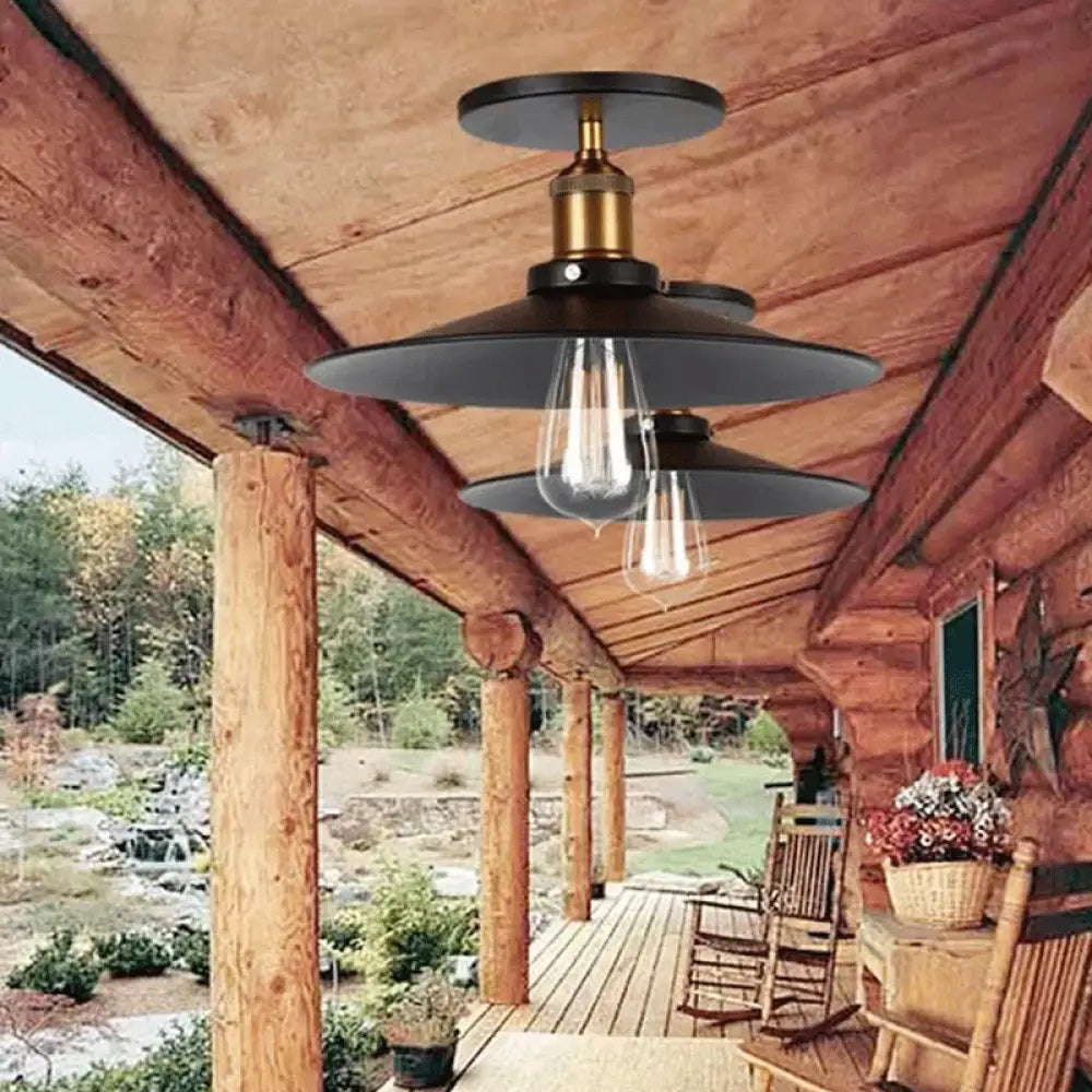 Iron Saucer Farmhouse Ceiling Mount Lamp - 1-Bulb Semi Flush Light Fixture In Black 8.5/10/12 Width