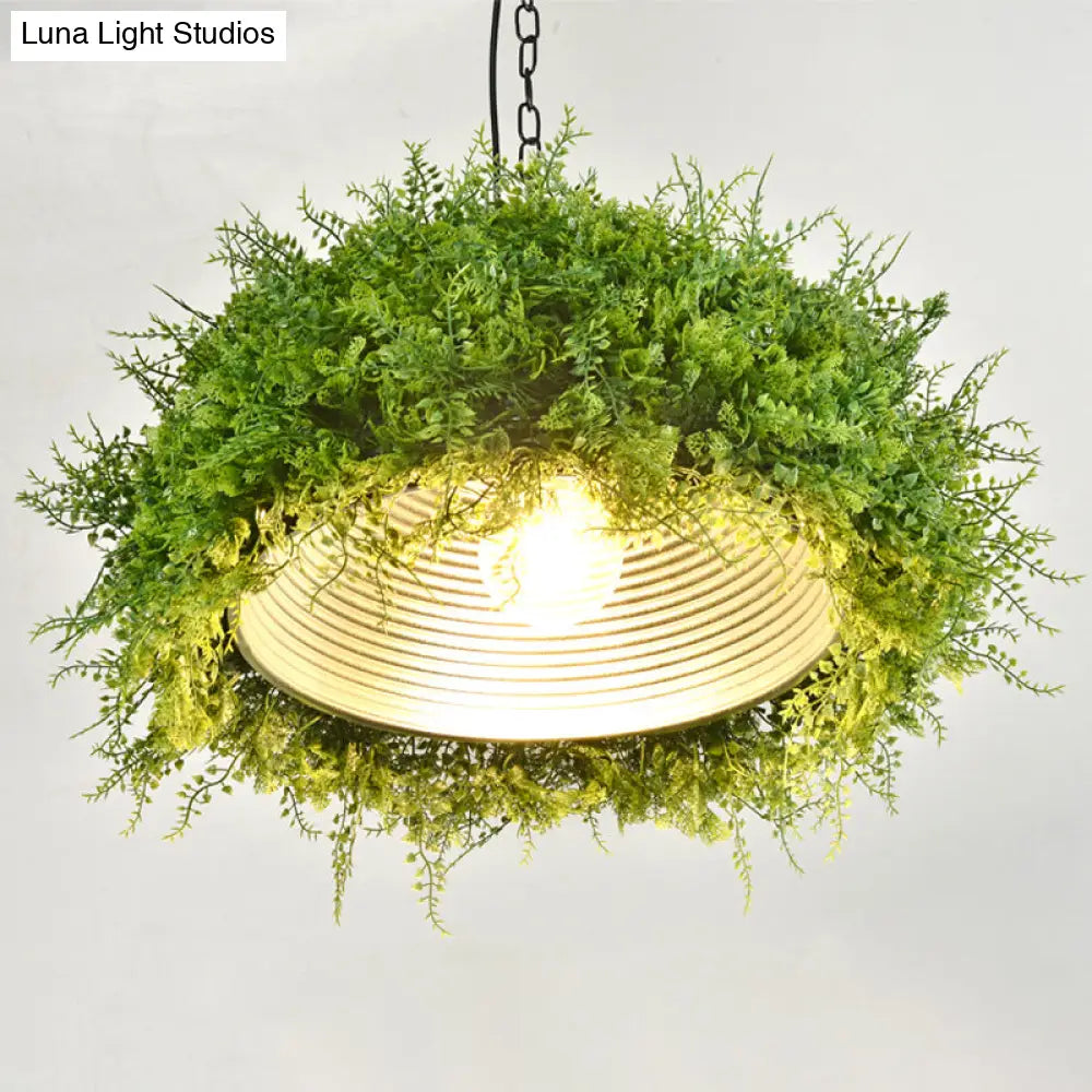 Iron Suspension Restaurant Pendant Light - Retro Green Dome Design With Plant Decor