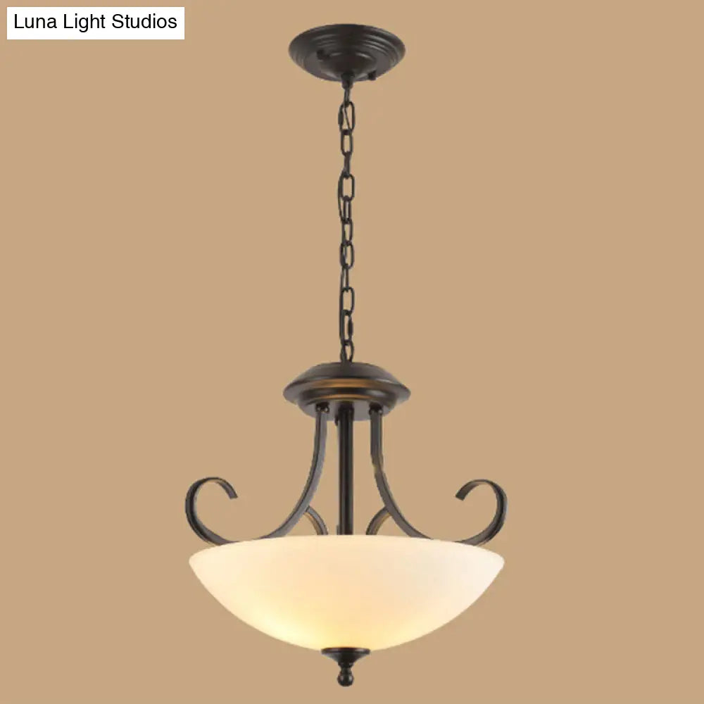 Iron Swirled Arm Retro Ceiling Light For Dining Room With 3 Heads And White Glass Shade