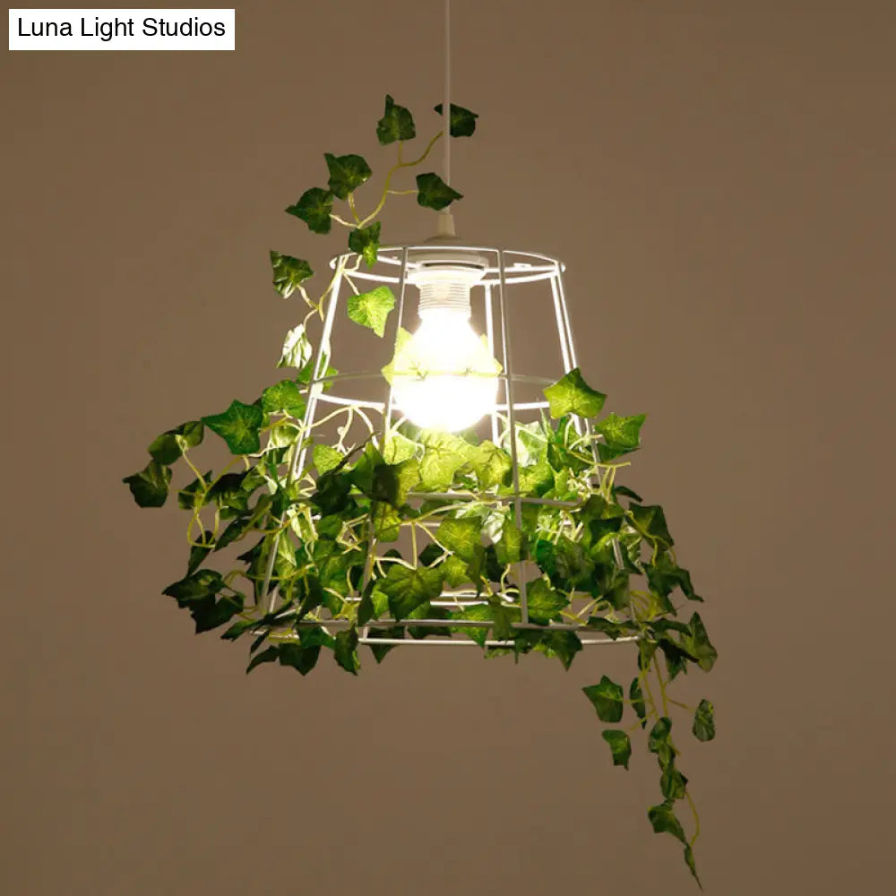 Green Ivy Retro Pendant Light With Tapered Cage Suspension For Dining Room