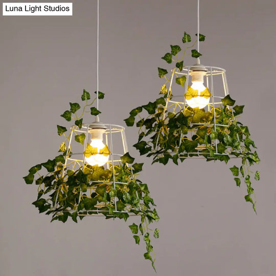 Green Ivy Retro Pendant Light With Tapered Cage Suspension For Dining Room