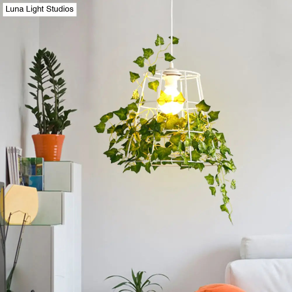 Iron Tapered Cage Pendant Ceiling Light With Decorative Ivy - Retro 1 Head Suspension Lighting For