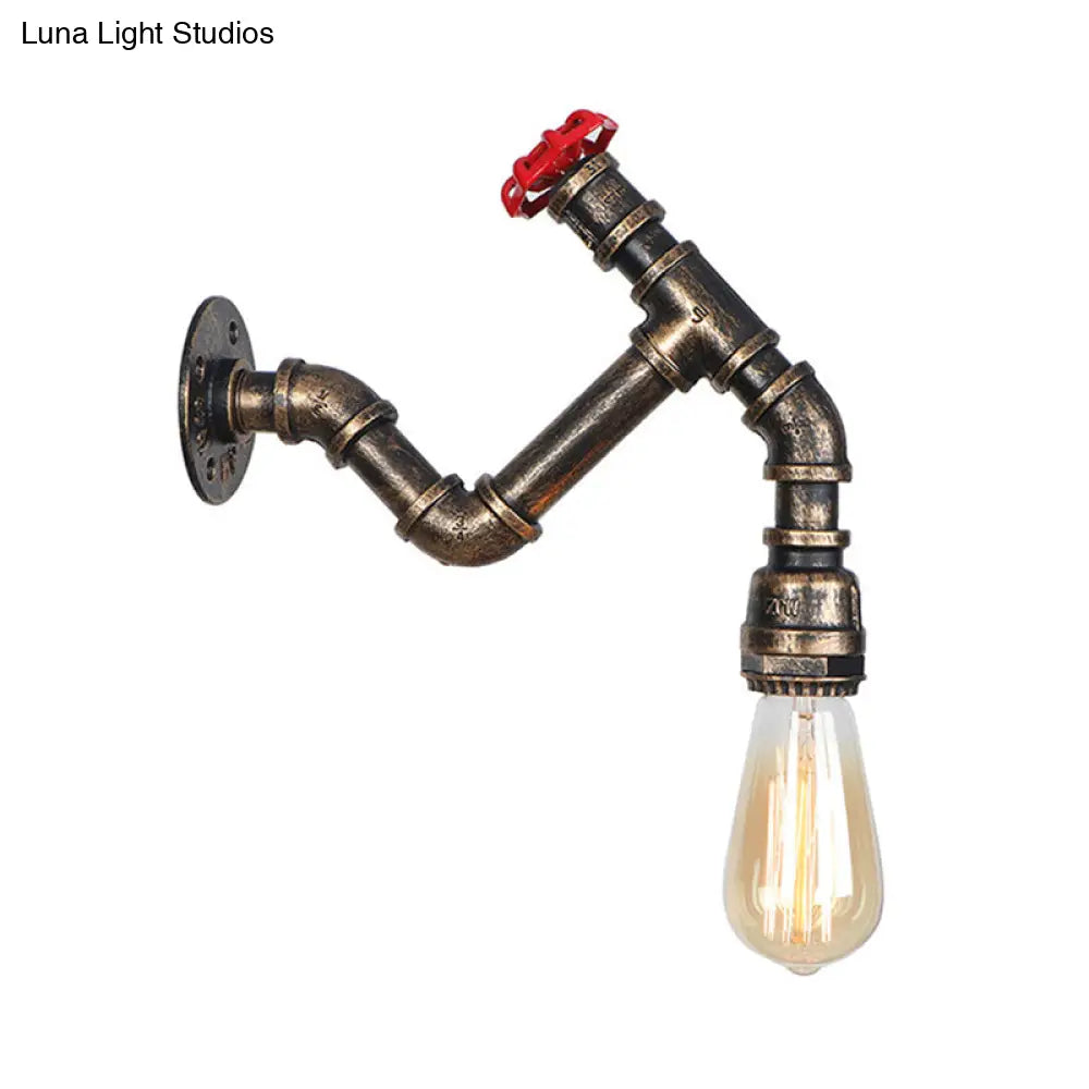 Iron Wall Lamp Industrial Style With Exposed Bulb & Red Valve - Aged Bronze Finish