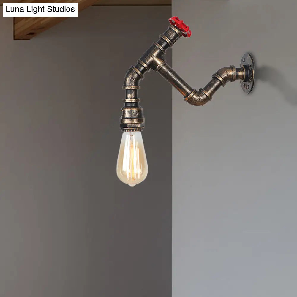 Iron Wall Lamp Industrial Style With Exposed Bulb & Red Valve - Aged Bronze Finish