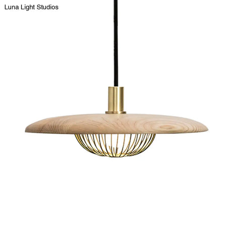 Iron Wire Domed Pendant Light With Wooden Shade - Modern And Suspended Lighting