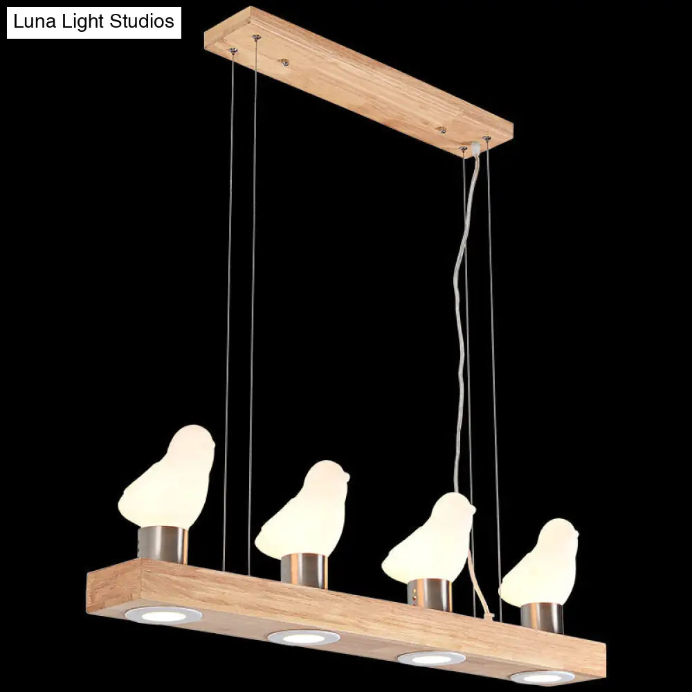 Ivory Glass Bird Island Pendant Lighting Fixture With Decorative Wood Suspended Design
