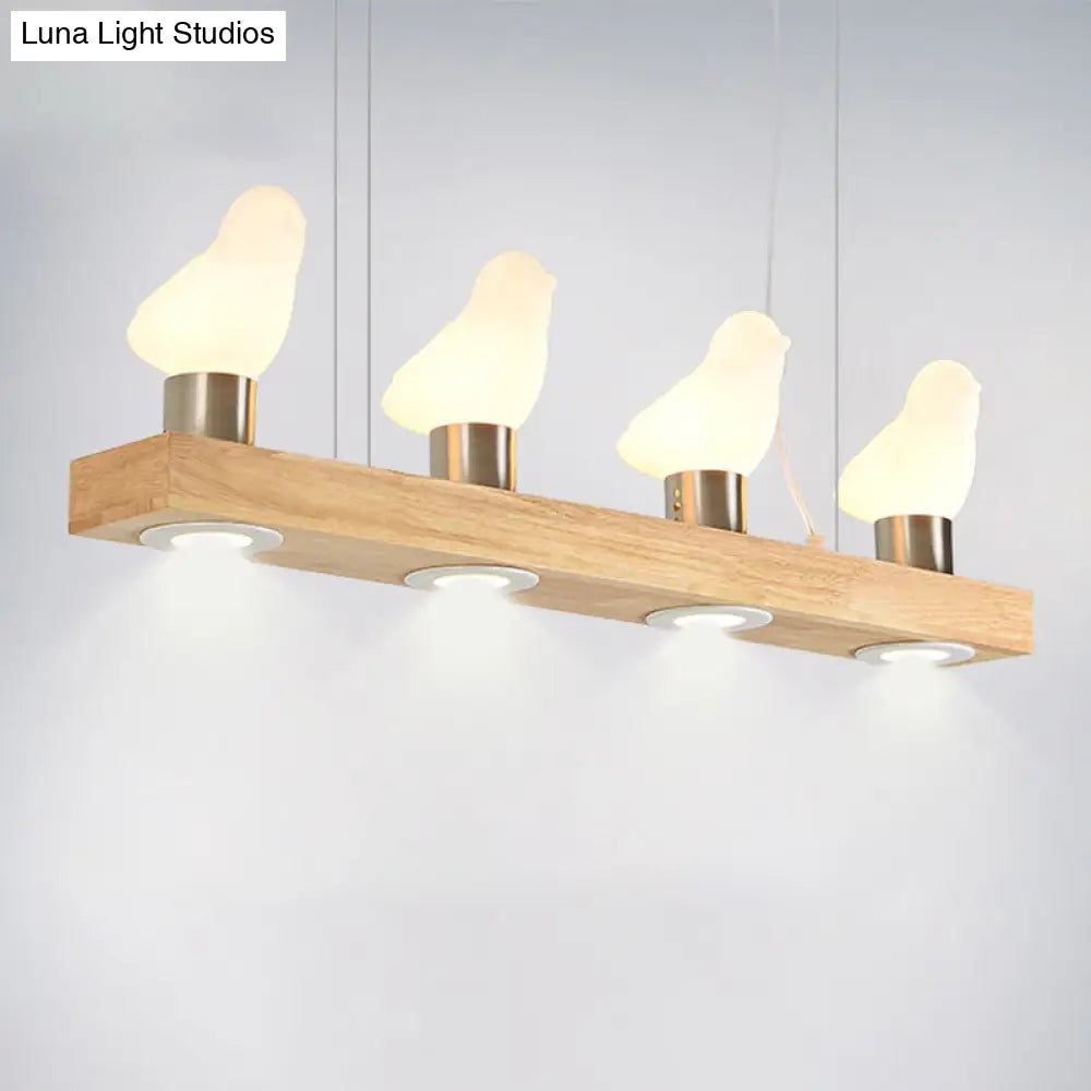 Ivory Glass Bird Island Pendant Lighting Fixture With Decorative Wood Suspended Design