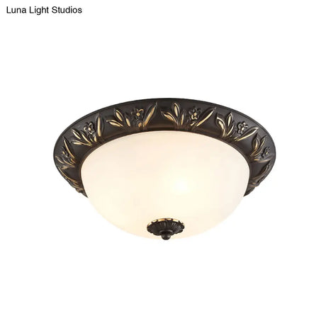 Ivory Glass Flush Mount Ceiling Lamp With Flower Trim In Black/Brass