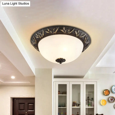 Ivory Glass Flush Mount Ceiling Lamp With Flower Trim In Black/Brass