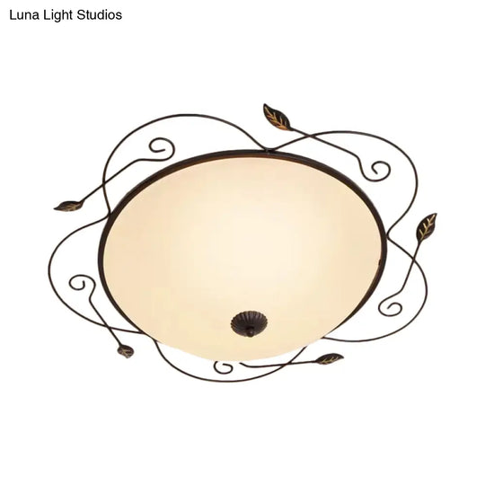 Ivory Glass Flushmount Ceiling Light With Twined Vines - 3-Head Dome Design Rural Style Black 18/25