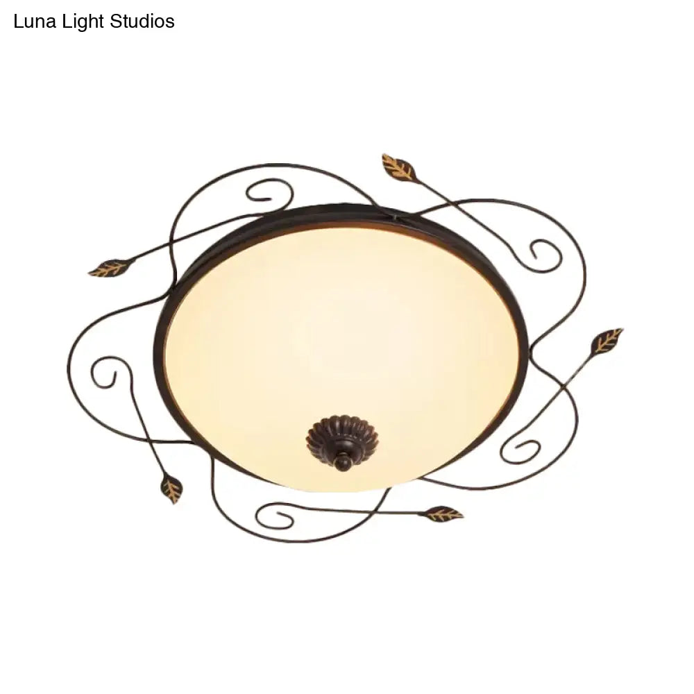 Ivory Glass Flushmount Ceiling Light With Twined Vines - 3-Head Dome Design Rural Style Black 18/25