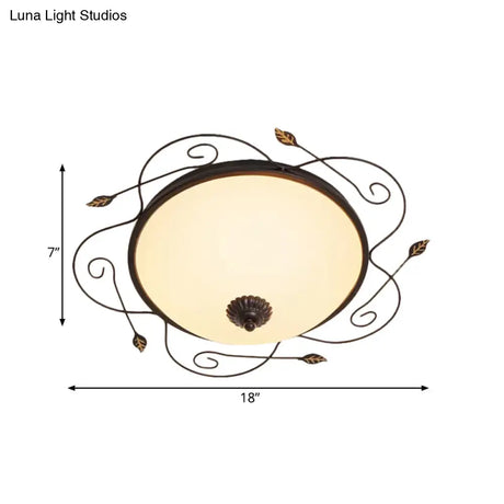 Ivory Glass Flushmount Ceiling Light With Twined Vines - 3-Head Dome Design Rural Style Black