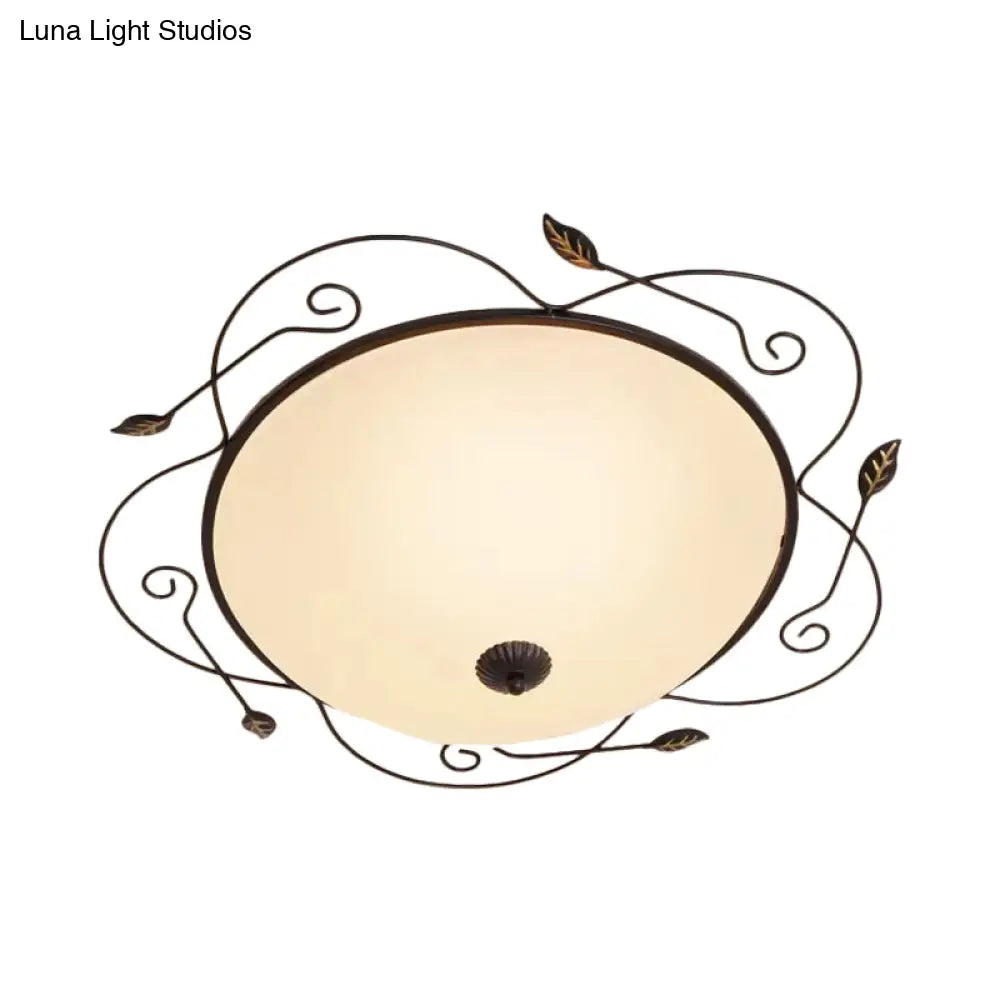 Ivory Glass Flushmount Ceiling Light With Twined Vines - 3-Head Dome Design Rural Style Black