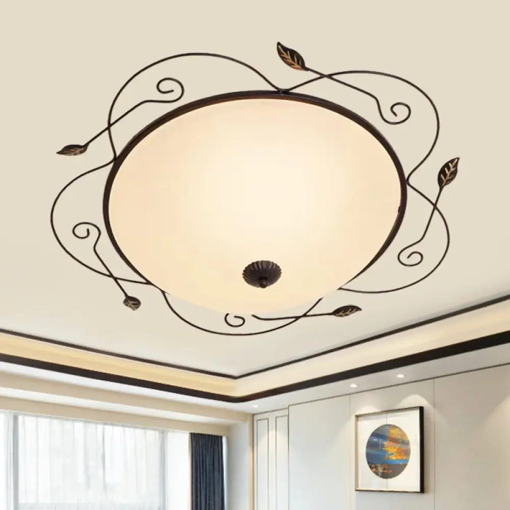 Ivory Glass Flushmount Ceiling Light With Twined Vines - 3-Head Dome Design Rural Style Black