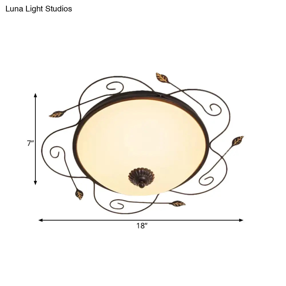 Ivory Glass Flushmount Ceiling Light With Twined Vines - 3-Head Dome Design Rural Style Black