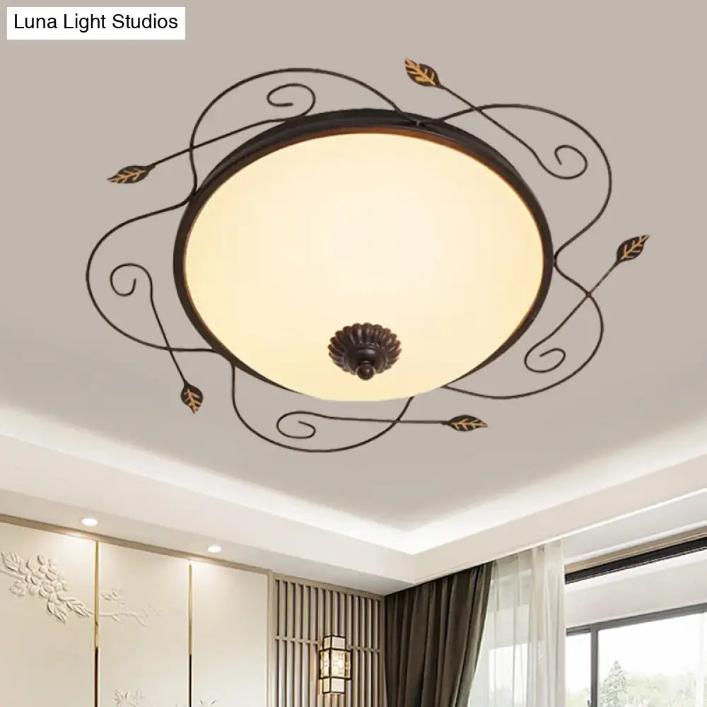 Ivory Glass Flushmount Ceiling Light With Twined Vines - 3-Head Dome Design Rural Style Black 18/25