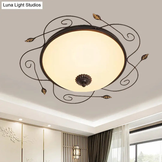 Ivory Glass Flushmount Ceiling Light With Twined Vines - 3-Head Dome Design Rural Style Black 18/25