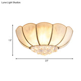 Ivory Glass Scallop Ceiling Fixture With Crystal Ball - Colonial 4/6 Bulbs Bedroom Flush Mount