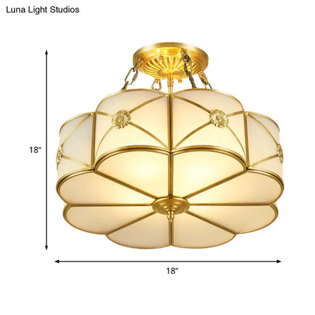 Ivory Glass Scallop Semi Flush Mount Ceiling Light - Vintage Brass Fixture 4-Head Design For