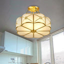 Ivory Glass Scallop Semi Flush Mount Ceiling Light - Vintage Brass Fixture 4-Head Design For