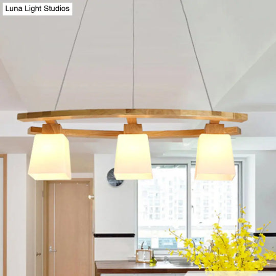 Ivory Glass Trapezoid Island Lamp - 3-Bulb Minimalist Pendant Light In Wood For Dining Room